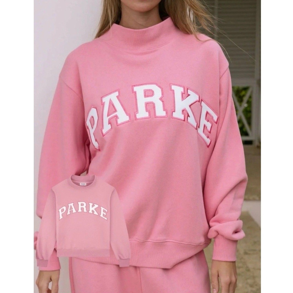Parke Summerland Conch Pink and White Varsity Mockneck Sweatshirt L / XL